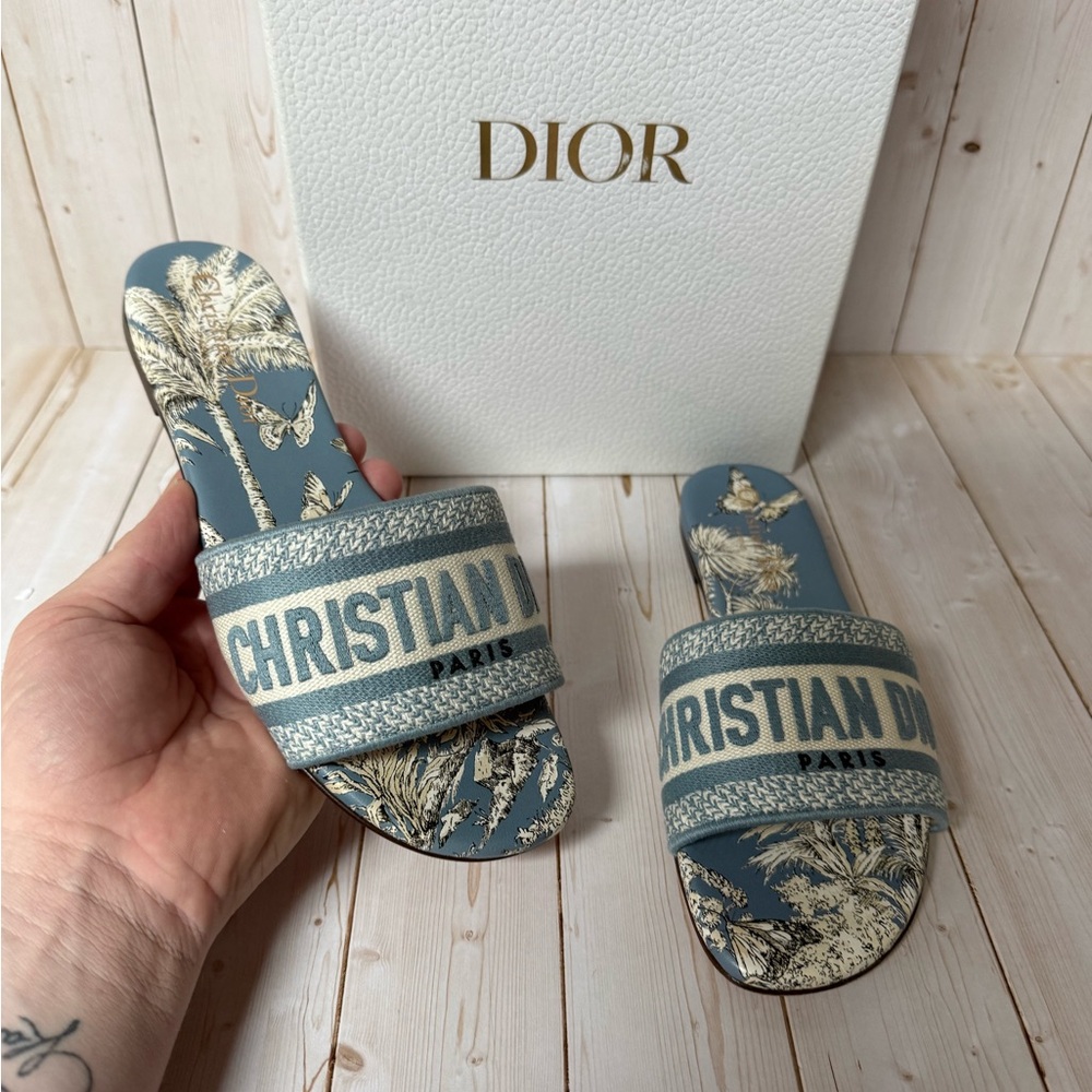 Christian Dior Canvas TDJ Palm Embroidered Dway Slide Sandals Blue Sz 35.5 / 5.5 - Picture 7 of 15